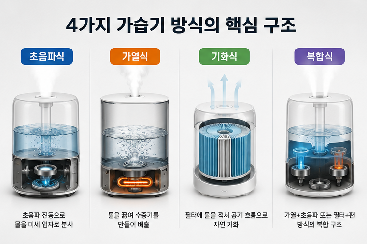 네 가지 가습기 방식(초음파식, 가열식, 기화식, 복합식)의 핵심 구동 파트를 깔끔하고 현대적인 일러스트로 나열하여 한눈에 개념을 파악할 수 있는 이미지.