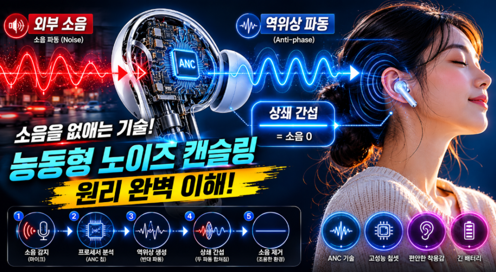 노이즈 캔슬링 이어폰의 역위상 소음 상쇄원리와 음향 제어 구조 썸네일
