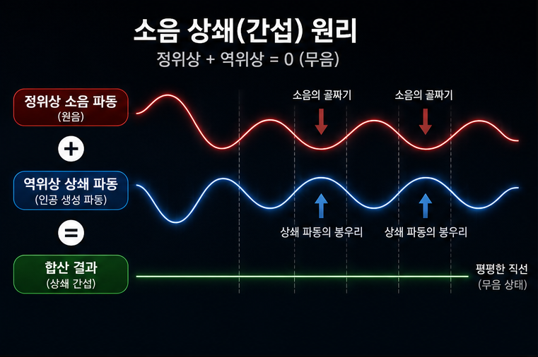 플러스(+) 모양의 소음 골짜기와 마이너스(-) 모양의 인공 생성 파동이 만나 평평한 무음(0) 상태가 되는 물리적 파동 간섭 현상의 직관적 개념도