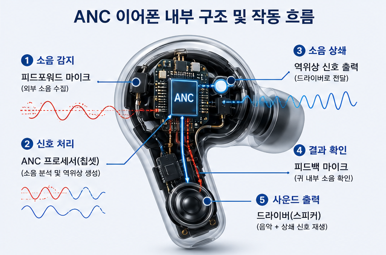 피드포워드 마이크와 피드백 마이크, ANC 프로세서, 오디오 신호를 쏘아주는 진동판의 유기적 배치와 작동 흐름을 보여주는 기술 인포그래픽