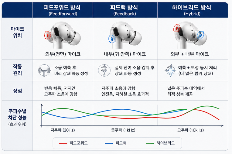 세 가지 음향 제어 방식의 구조적 특성과 주파수별 차단 성능의 우위를 레이아웃으로 선명하게 대조한 성능 다이어그램