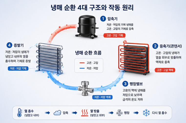 기체와 액체 상태로 변하는 냉매의 흐름과 4가지 핵심 부품의 유기적 연결 상태를 화살표와 아이콘으로 표현한 단계별 인포그래픽