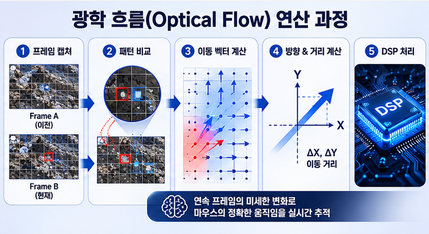 이전 사진(Frame A)과 현재 사진(Frame B)의 미세한 픽셀 패턴 변화를 비교하여 방향(X, Y 축)과 이동 거리를 계산해내는 DSP의 광학 흐름(Optical Flow) 연산 과정을 단계별로 시각화한 인포그래픽