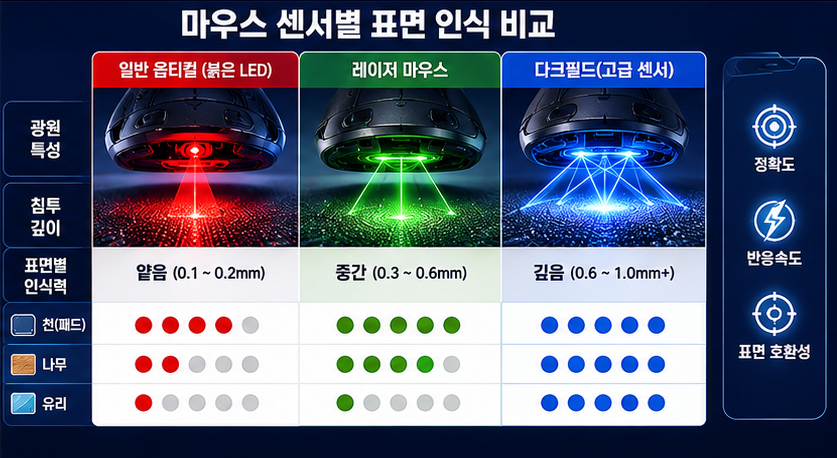 일반 옵티컬 마우스(붉은 LED)와 고성능 레이저 마우스, 그리고 고급형 다크필드 센서 마우스가 각기 다른 표면(천, 나무, 유리)을 인식하는 침투 깊이와 반사율 차이를 요약 비교한 그래픽 구조도
