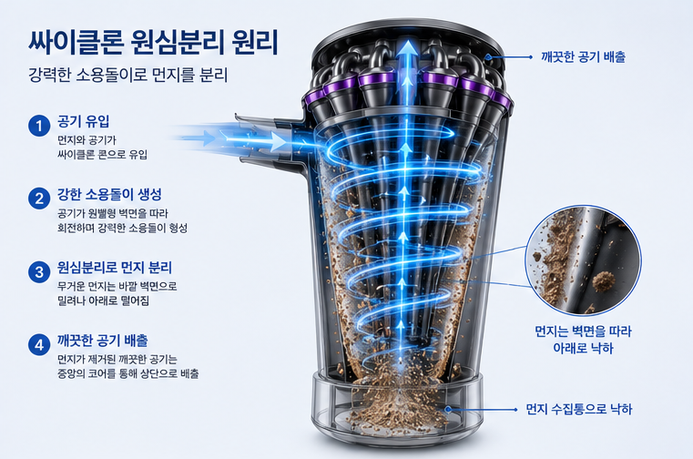 깔때기 모양의 싸이클론 기류 속에서 무거운 먼지는 벽면을 타고 아래로 떨어지고, 깨끗해진 공기는 상단으로 빠져나가는 소용돌이 흐름을 보여주는 단계별 인포그래픽