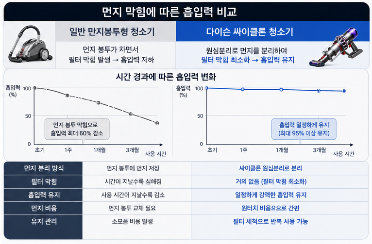 시간이 지남에 따라 먼지봉투가 막혀 흡입력이 떨어지는 기존 청소기와 원심분리로 항상 일정한 기류를 유지하는 다이슨의 성능 대조 레이아웃 그래프