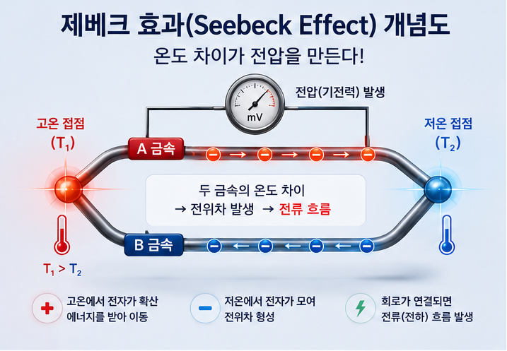 서로 다른 두 금속선(A금속, B금속)의 양끝 접점을 각각 뜨거운 곳과 차가운 곳에 두었을 때 회로에 전류가 흐르는 물리적 열전 현상의 직관적 구조도.