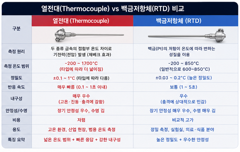 열전대 센서와 RTD 센서의 측정 온도 범위, 반응 속도, 내구성 및 정밀도 차이를 가로형 레이아웃으로 일목요연하게 대조한 성능 비교 매핑.